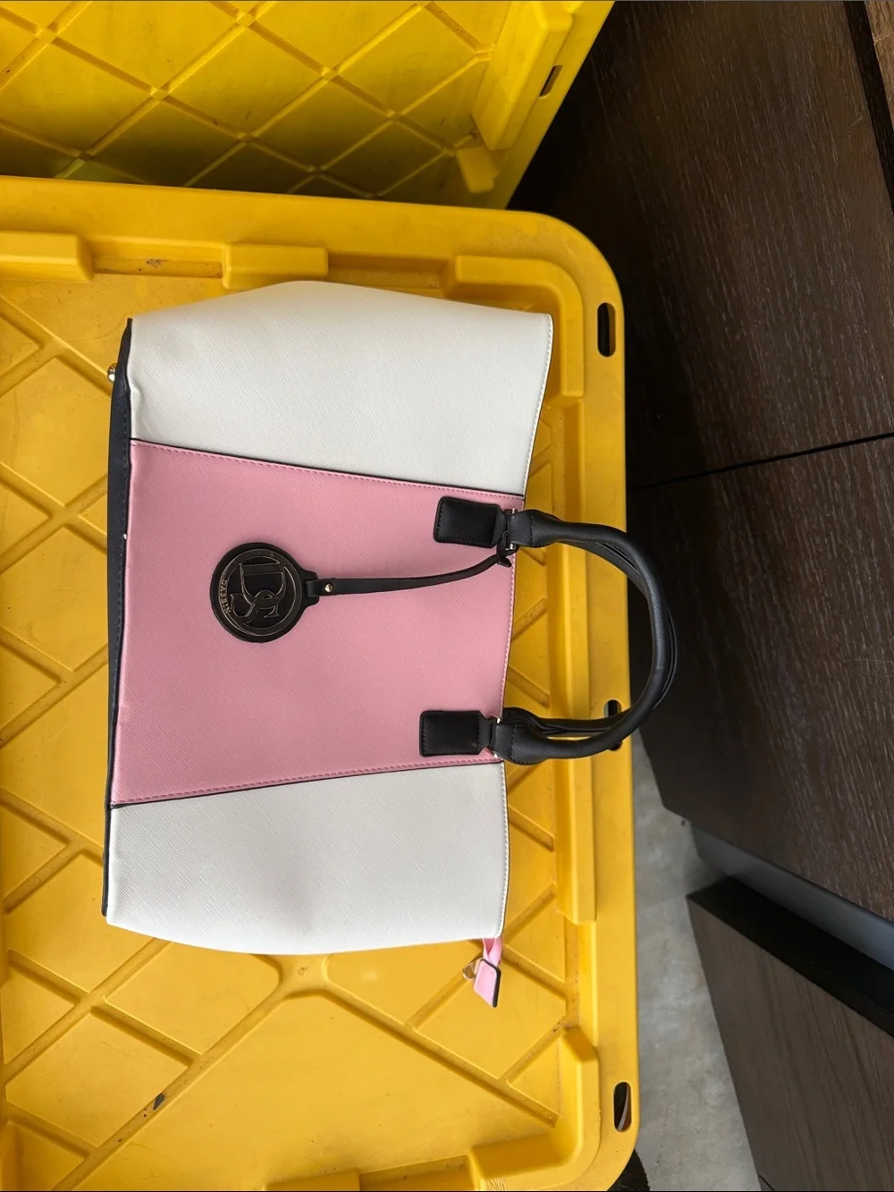 Women's Pink and White Colorblock Tote Bag